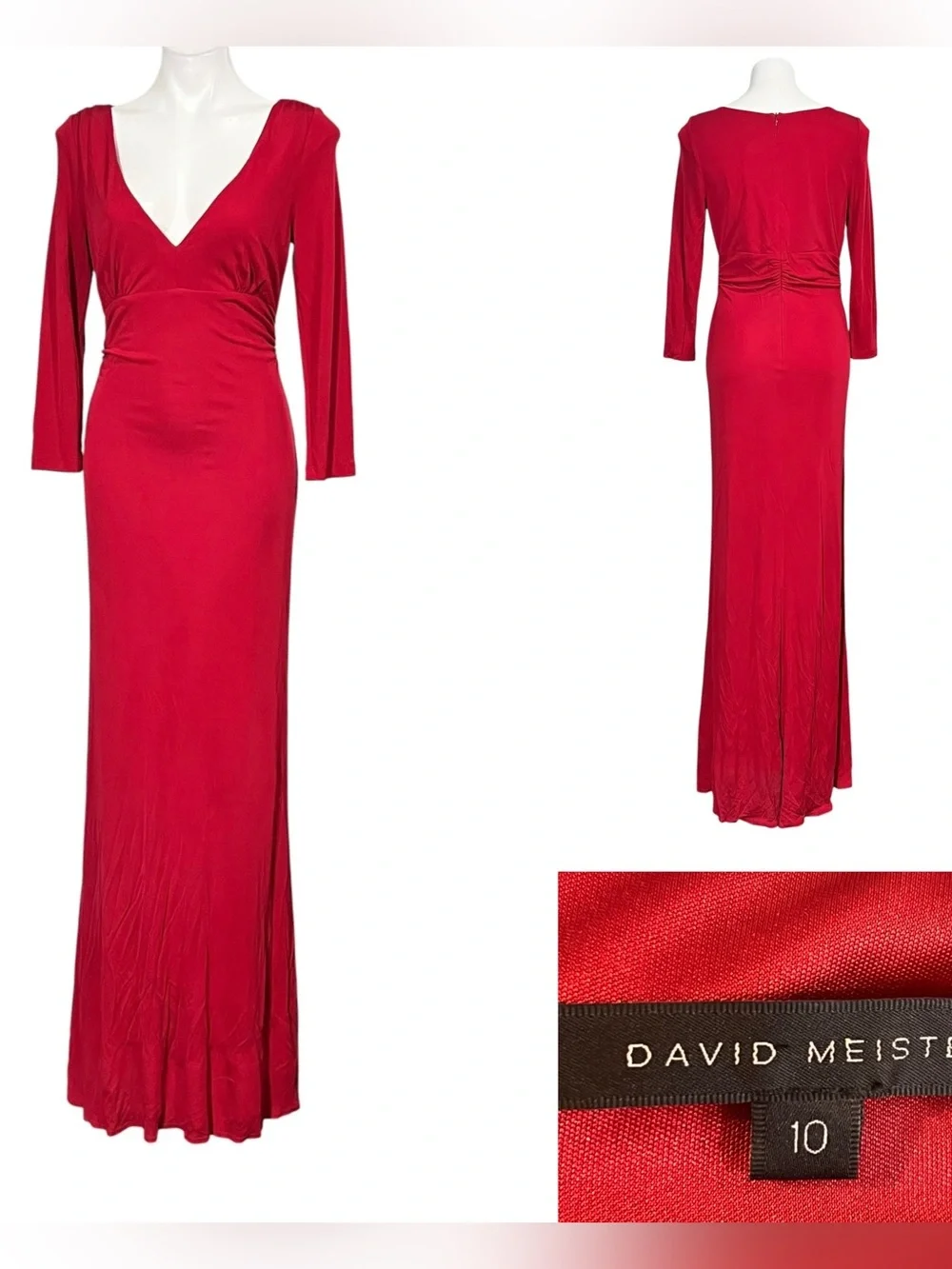David Meister Maxi Gown Sz 10 Red Long Sleeve V-Neck ruched sexy formal occasion